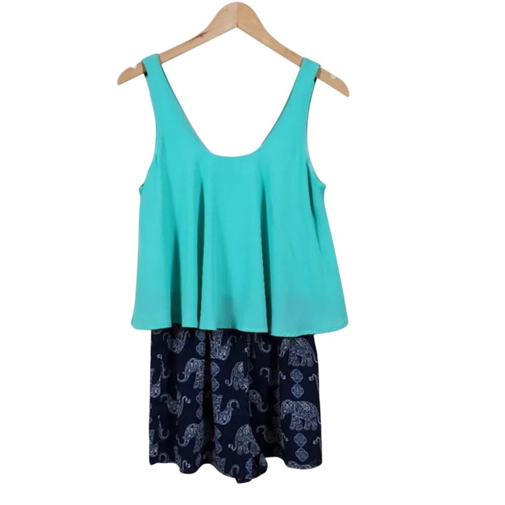Love Blossom Elephant Print Romper Mint Navy Layered Sleeveless Women Size M
